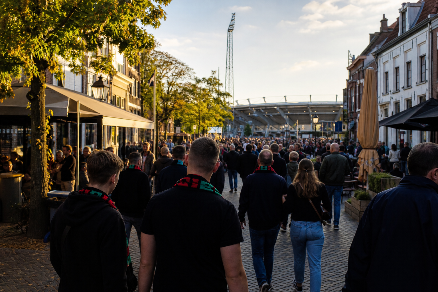 Travelling fans heading to Goffertstadion for an Eredivisie game in Nijmegen