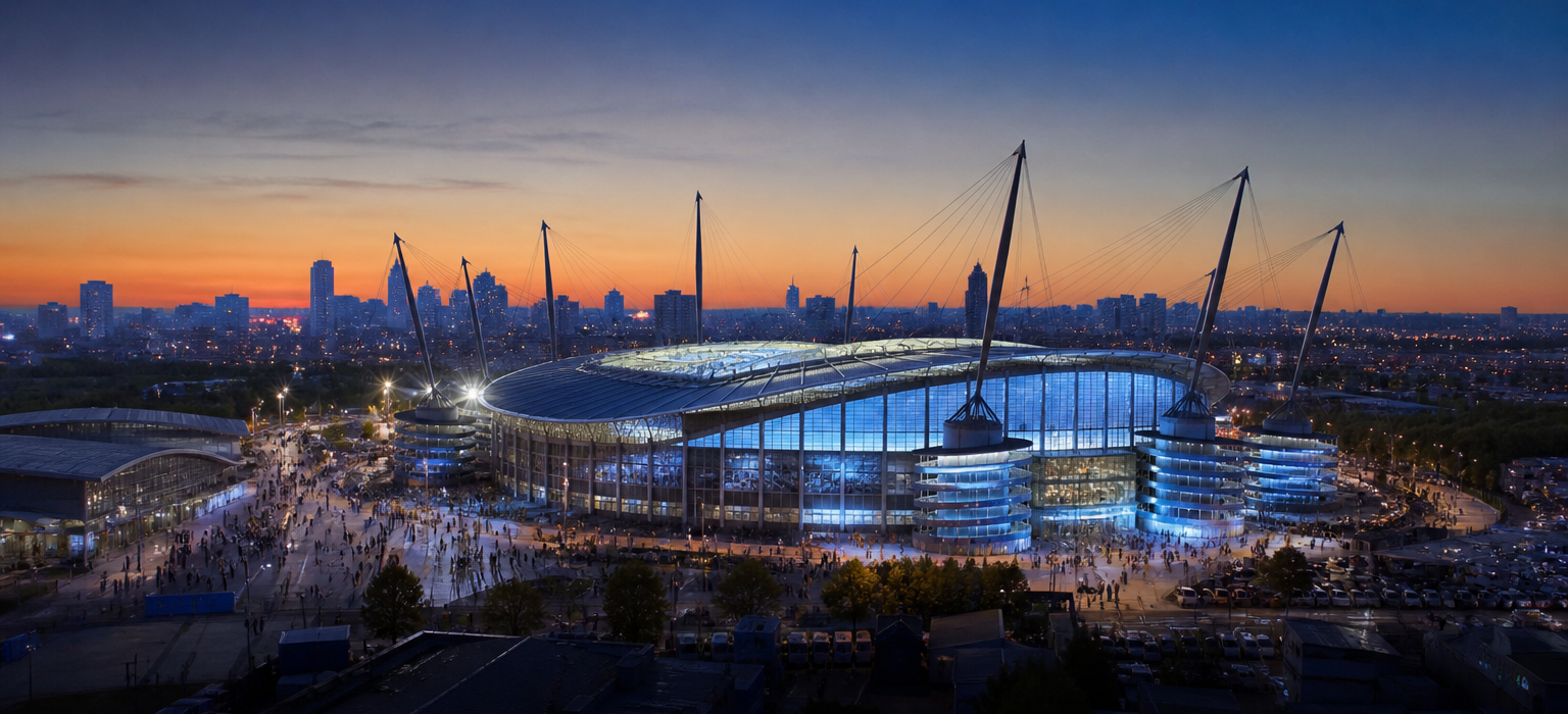 Etihad Stadium exterior glowing before a Manchester City home match