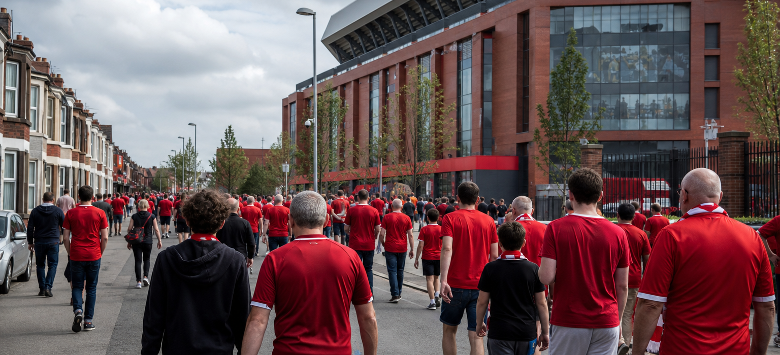 Crowds in red approaching Anfield stadium on a bright match-day afternoon