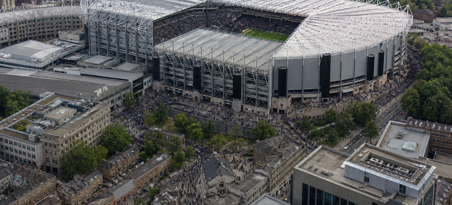 St James' Park rising above Newcastle city centre on match day