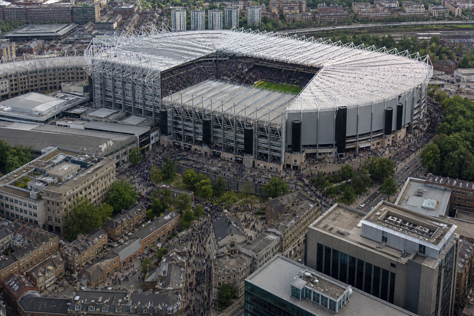 St James' Park rising above Newcastle city centre on match day