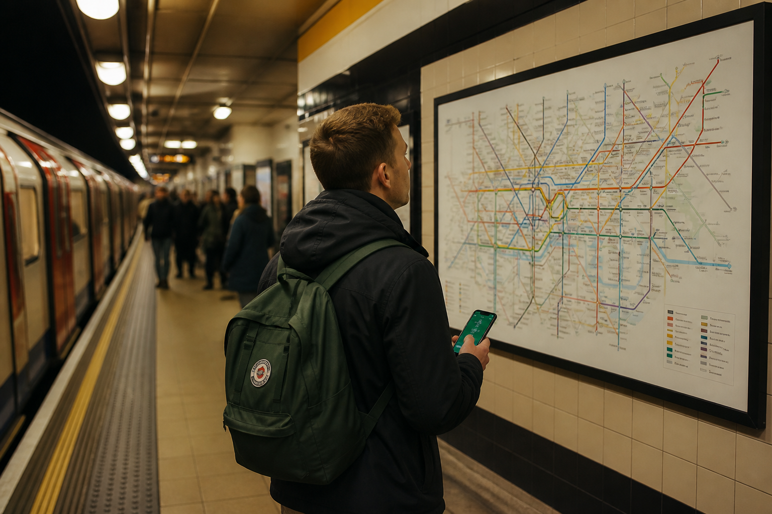 Traveller with a small backpack checking a Tube map between Saturday and Sunday match fixtures