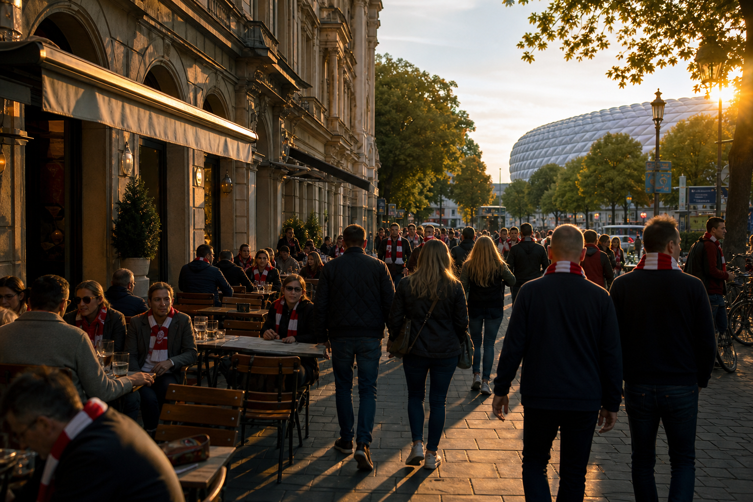 Bayern Munich fans in red gathering near Allianz Arena on match day