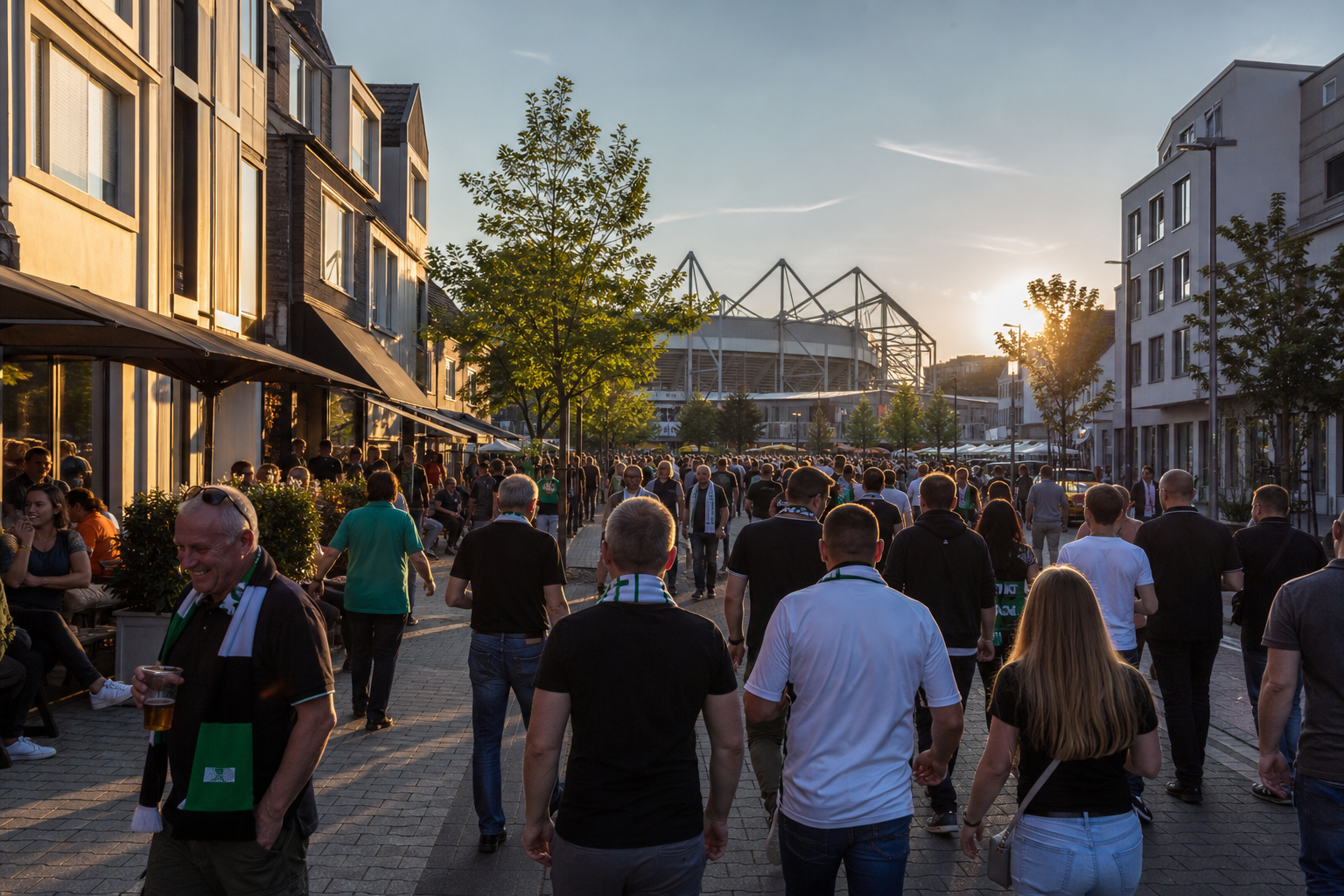 Gladbach fans in green and white approaching Borussia-Park on match day