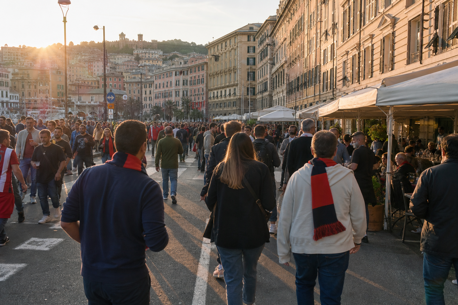 Genoa fans in rossoblù colours approaching the Luigi Ferraris before kick-off