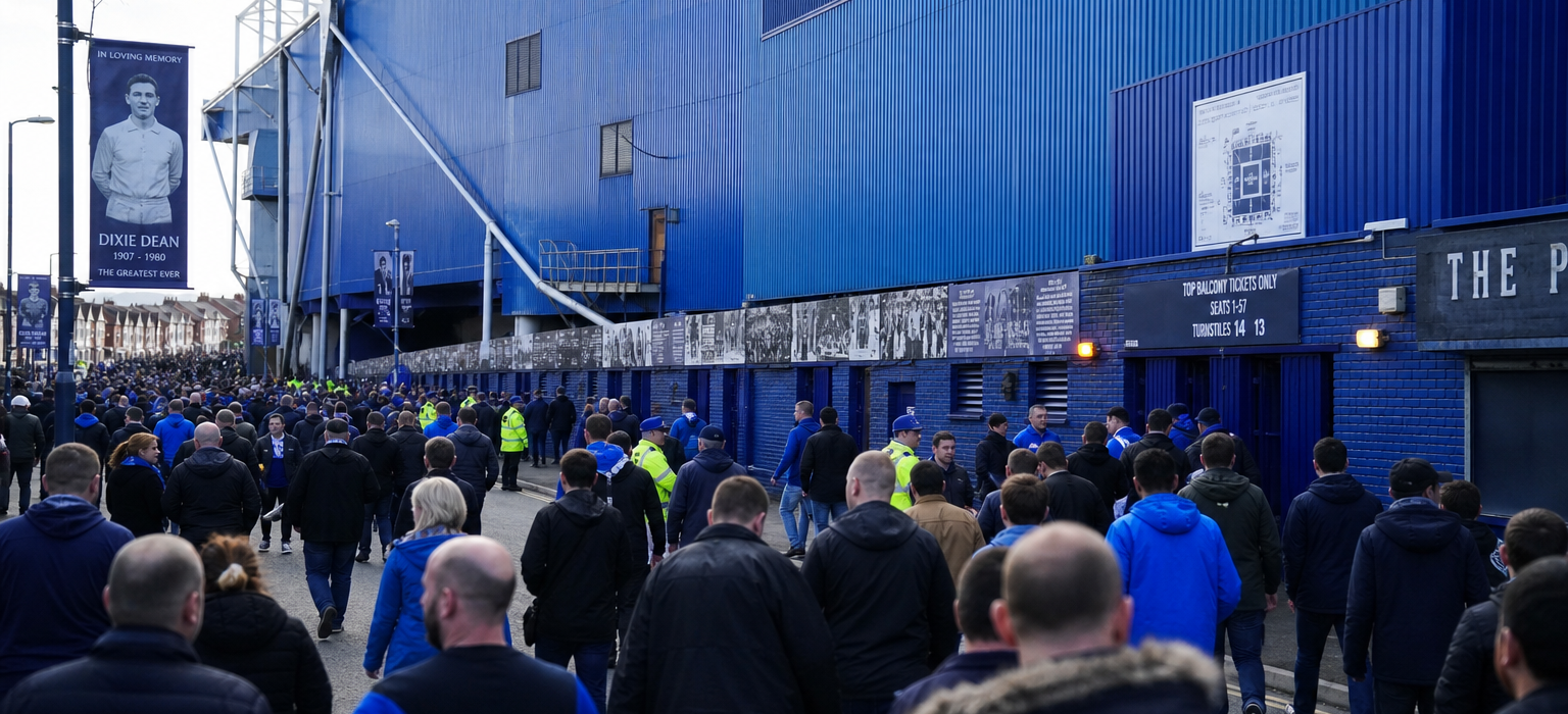Goodison Park exterior on an Everton FC match day in Liverpool