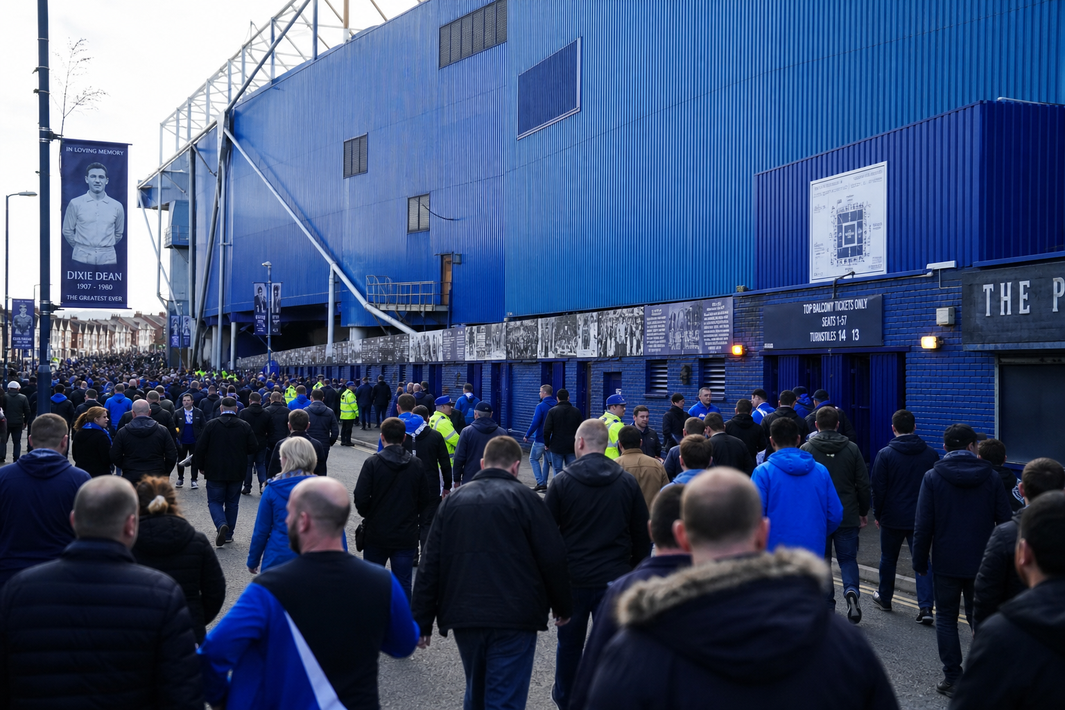 Goodison Park exterior on an Everton FC match day in Liverpool