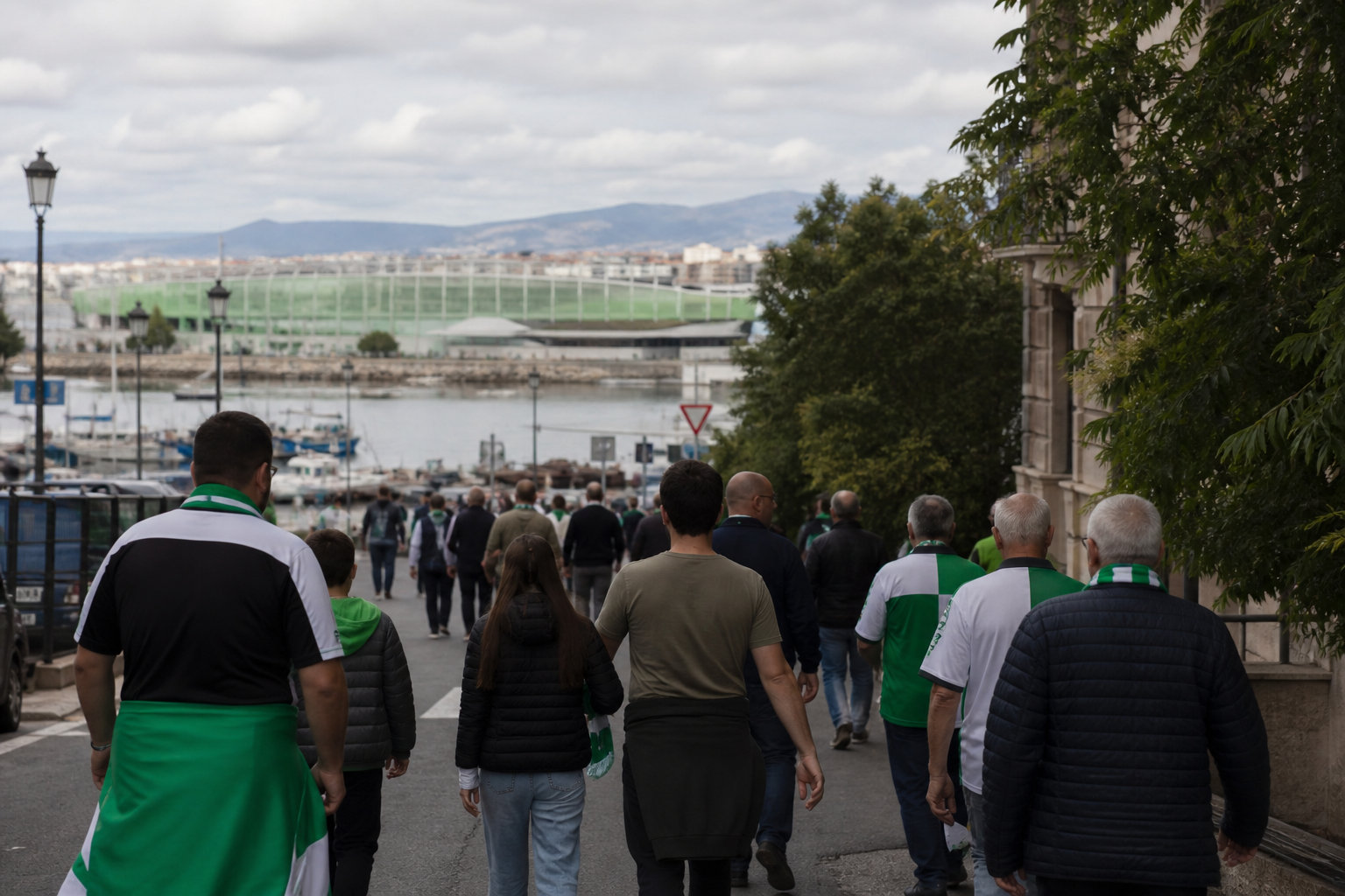 Travelling fans walking toward El Sardinero for a La Liga fixture