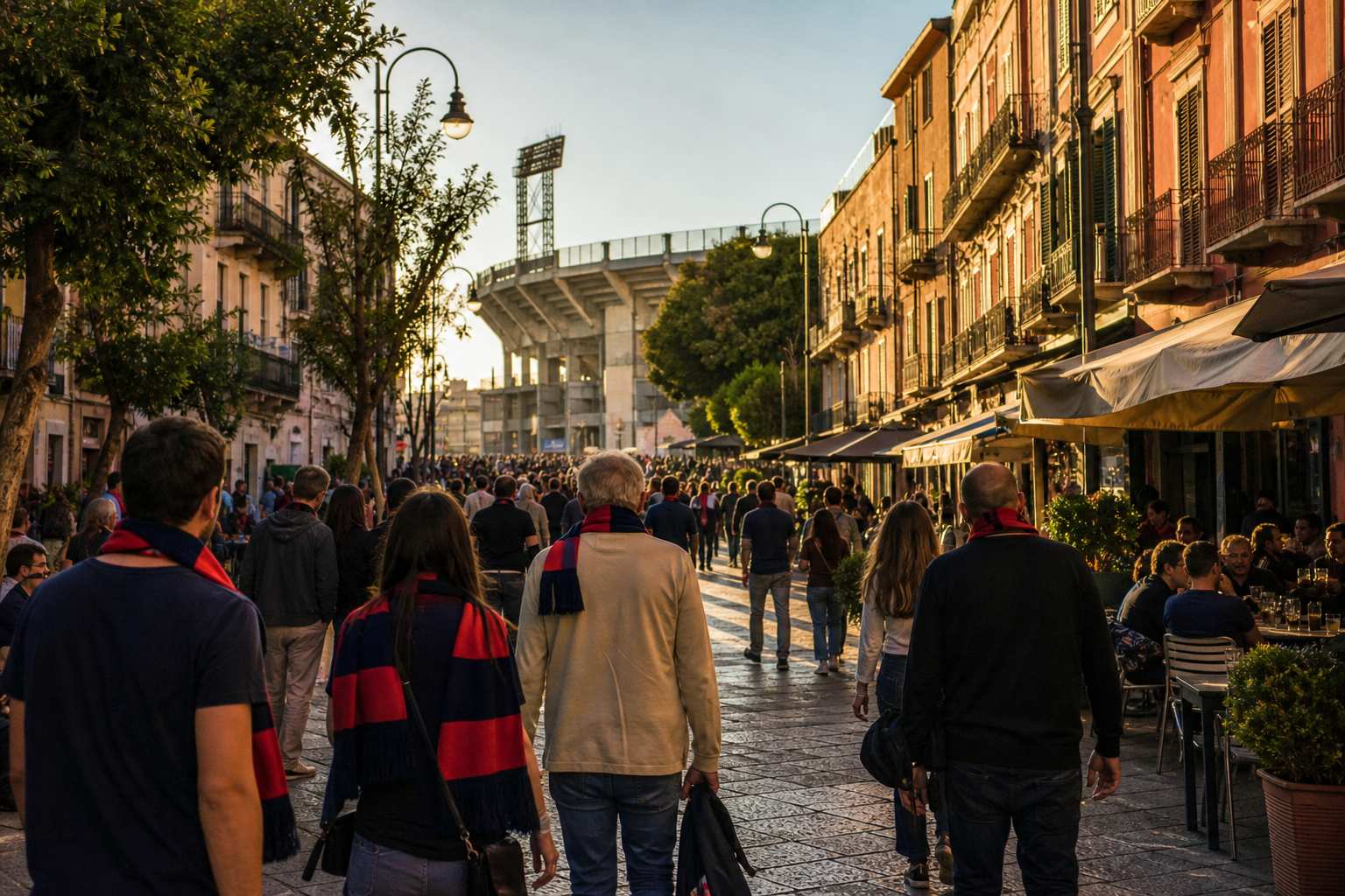 Travelling fans arriving for a Cagliari home game at Unipol Domus