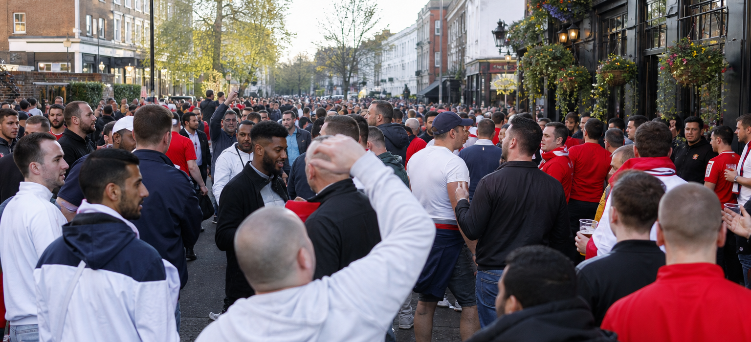 North London street filled with rival football supporters on derby day