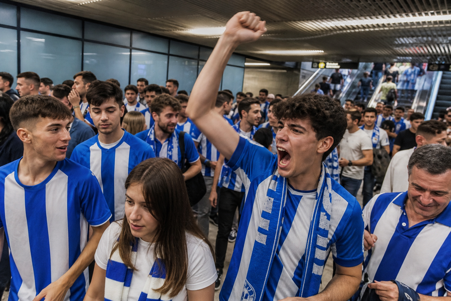Travelling fans approaching RCDE Stadium for a La Liga game