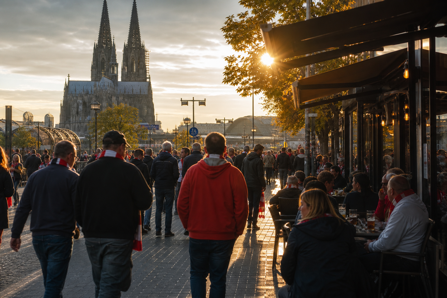Köln fans in red and white gathering near RheinEnergieStadion on match day