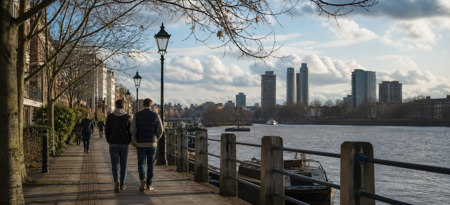 Thames riverside near Fulham on a calm afternoon after a football match