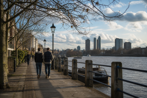 Thames riverside near Fulham on a calm afternoon after a football match