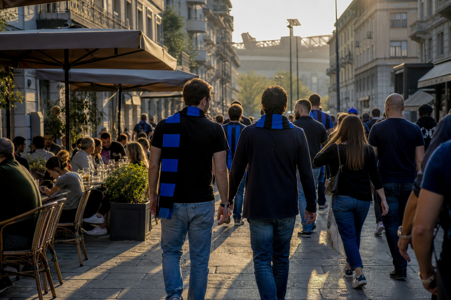 Inter supporters in nerazzurri colours gathering near San Siro on match day