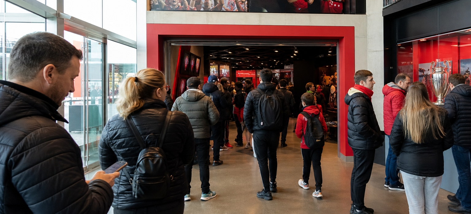 Visitors entering the Manchester United museum and stadium tour entrance