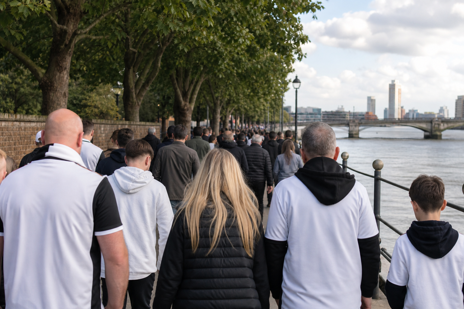 Travelling fans walking to Craven Cottage along the Thames