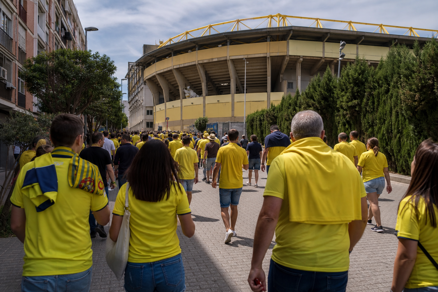 Travelling fans approaching the Yellow Submarine stadium before kick-off
