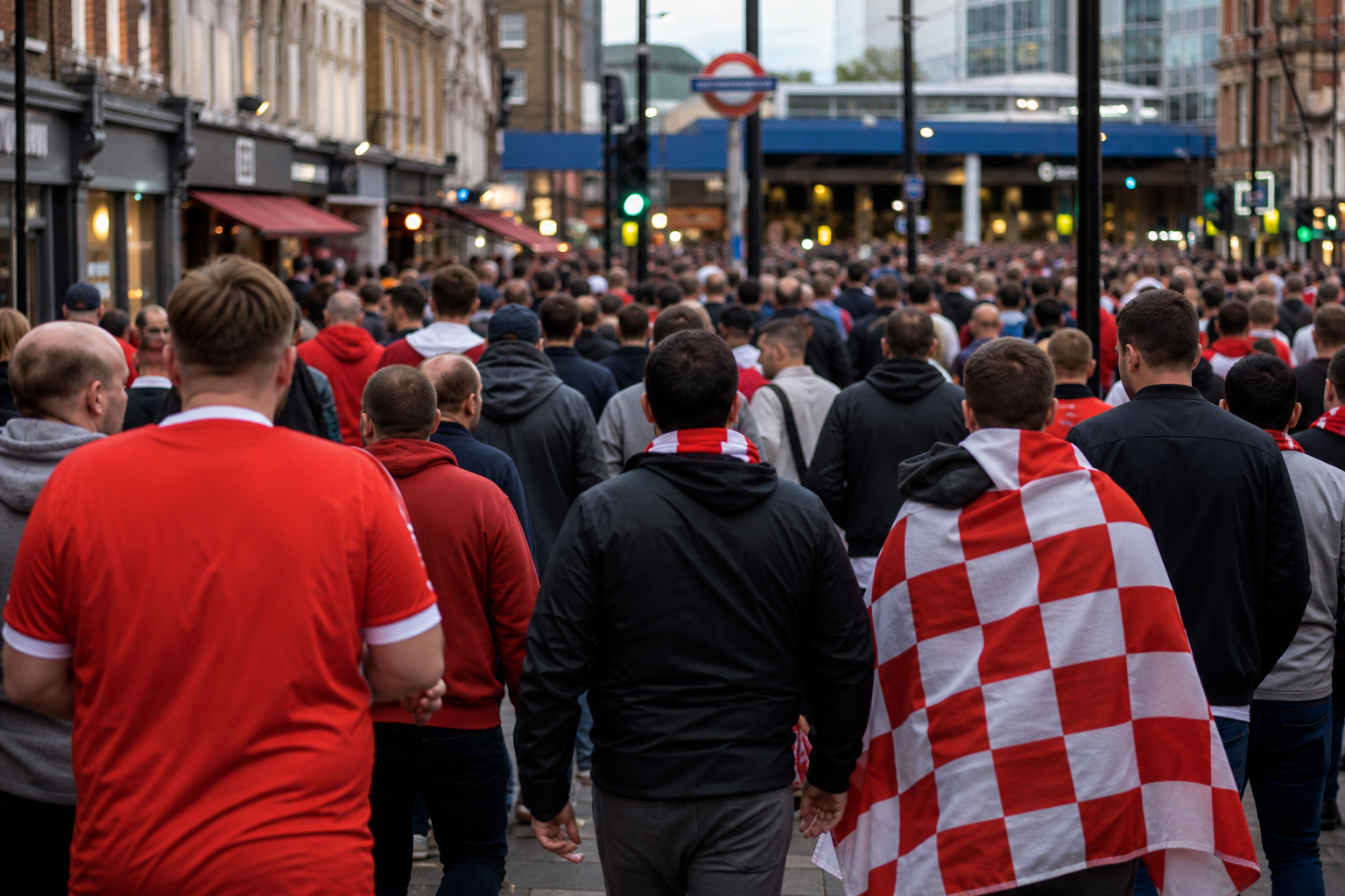 Busy match-day street near Arsenal station with supporters heading to the ground