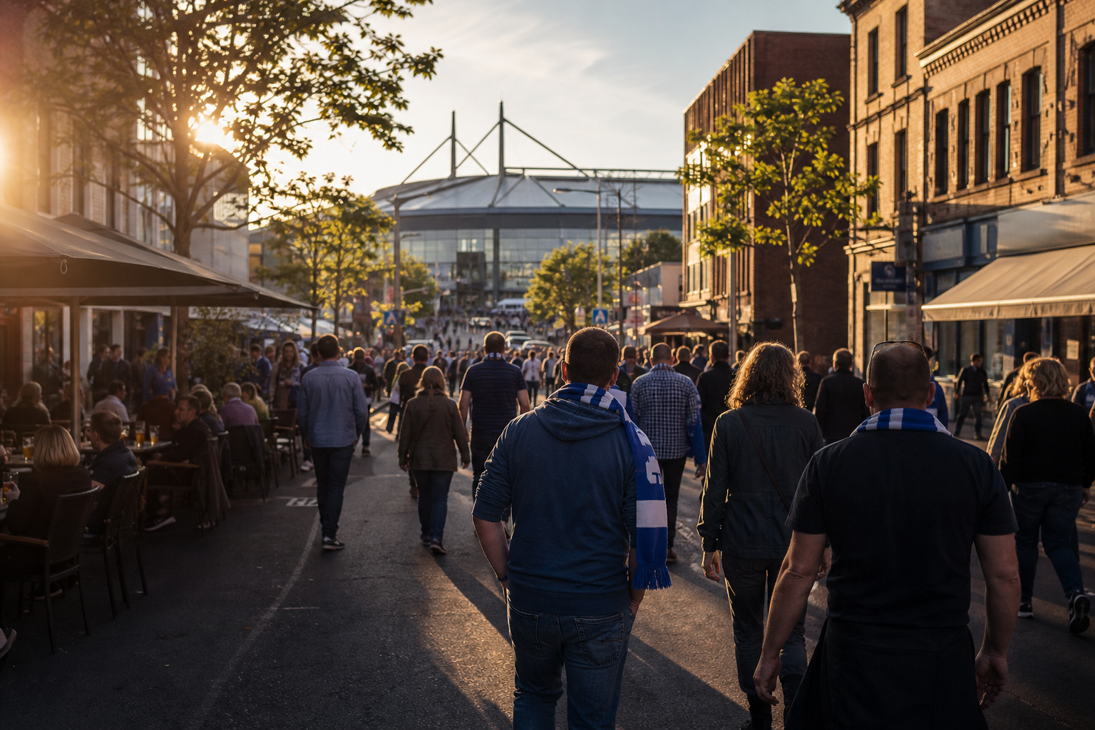 Schalke fans in royal blue gathering near Veltins-Arena on match day