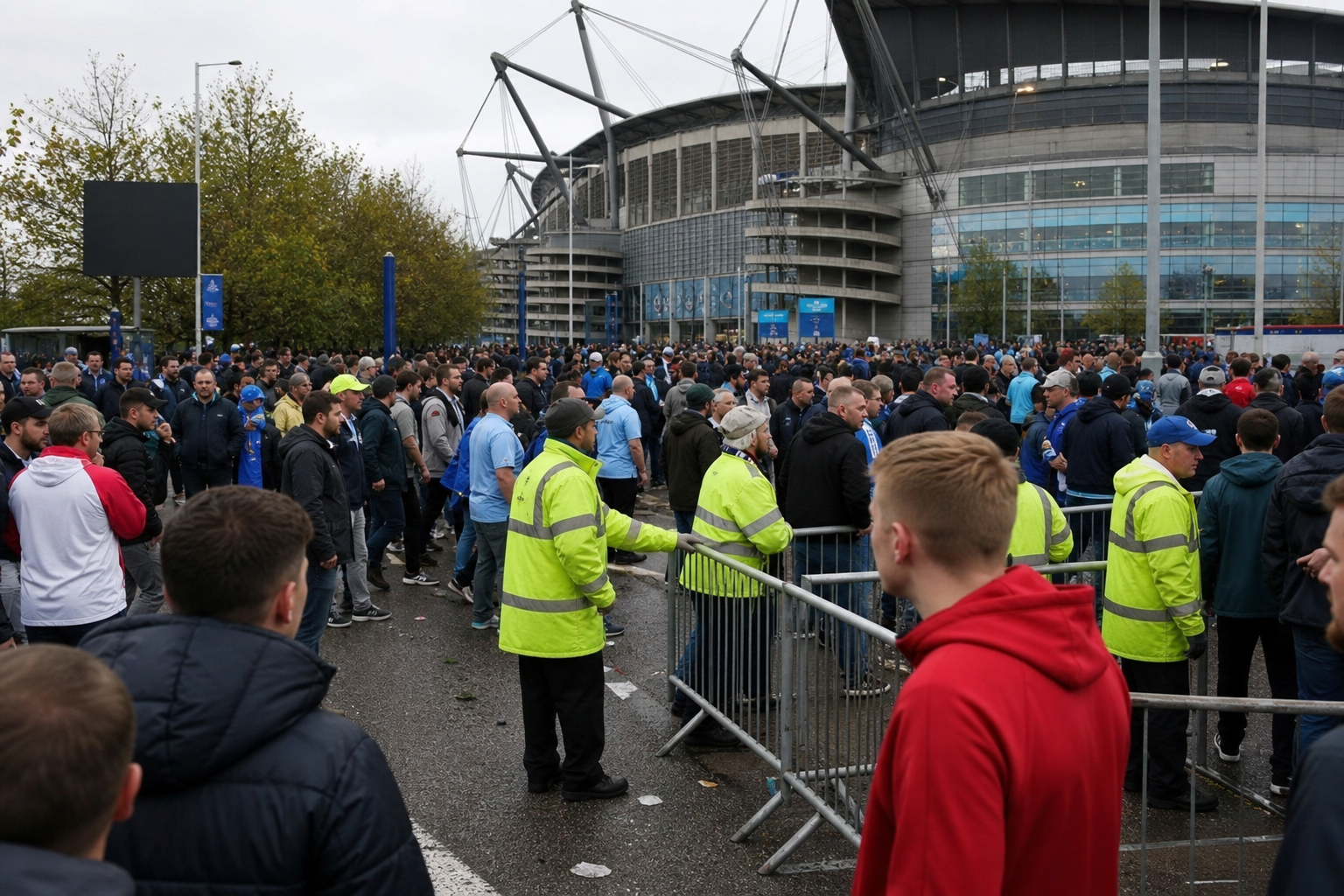 Crowds and stewards outside a Manchester stadium on derby match day