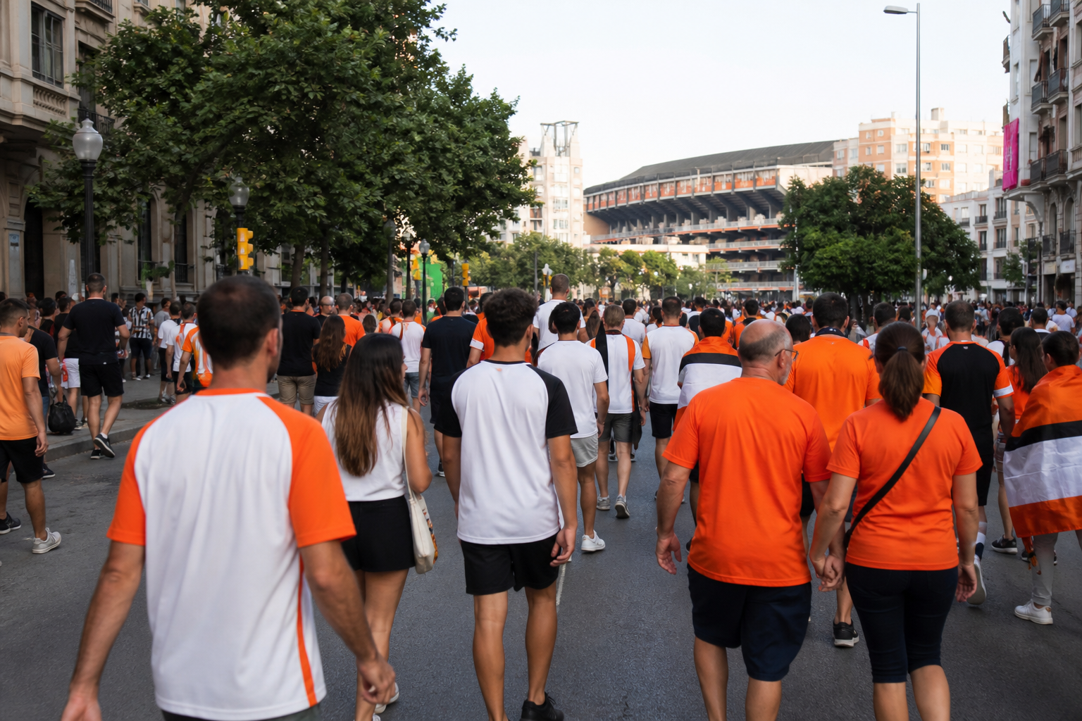 Travelling fans near Mestalla before kick-off in Valencia