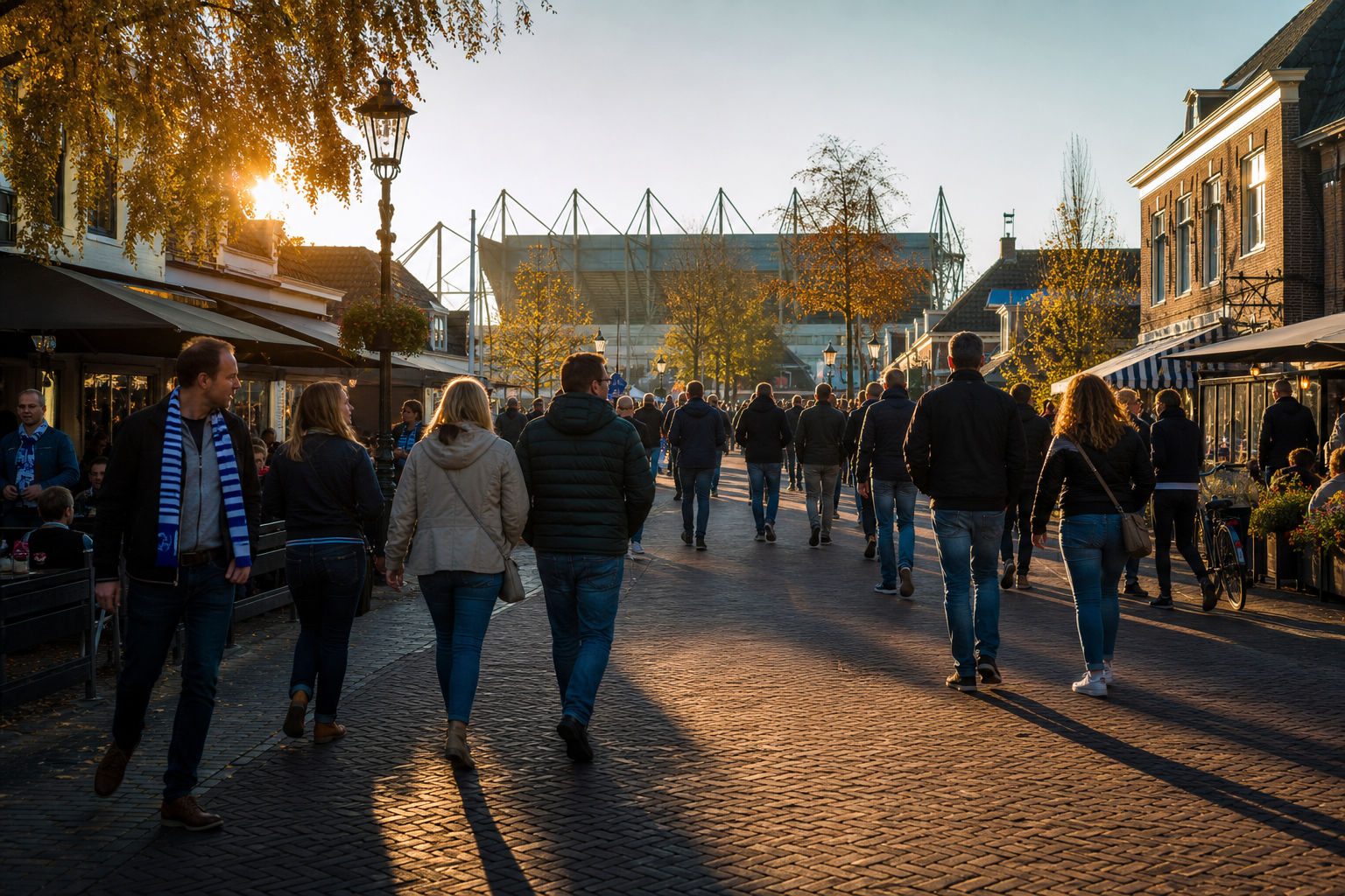 Travelling fans arriving at Abe Lenstra Stadion for an Eredivisie game in Heerenveen