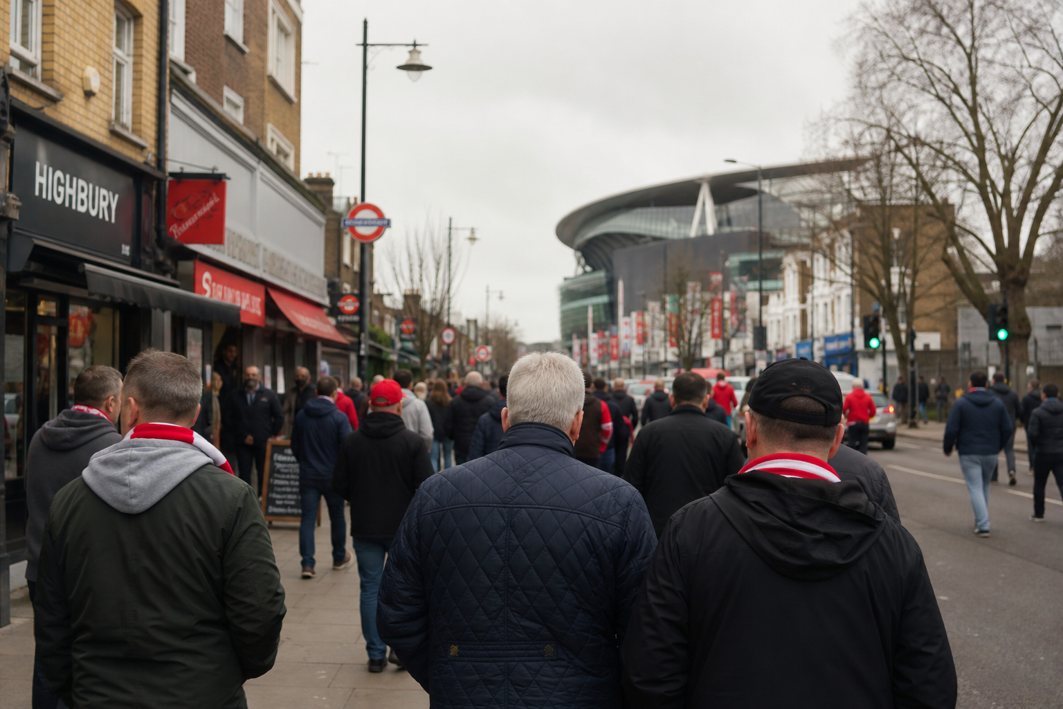 Travelling fans approaching Emirates Stadium for a Premier League fixture