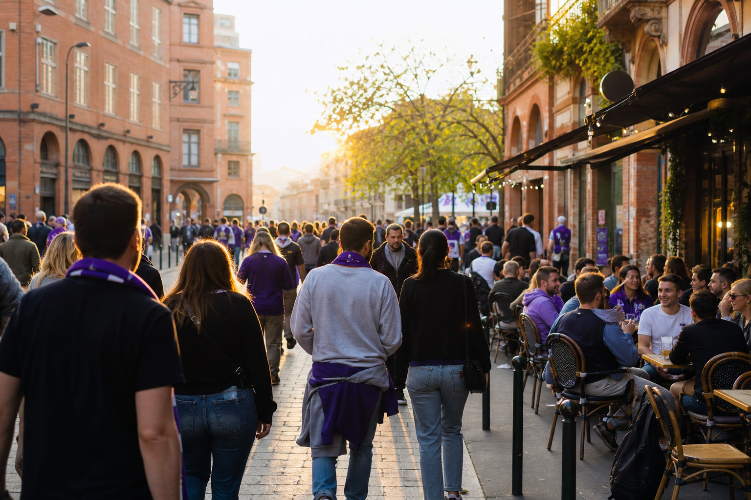 Toulouse fans in violet colours gathering near the stadium on match day