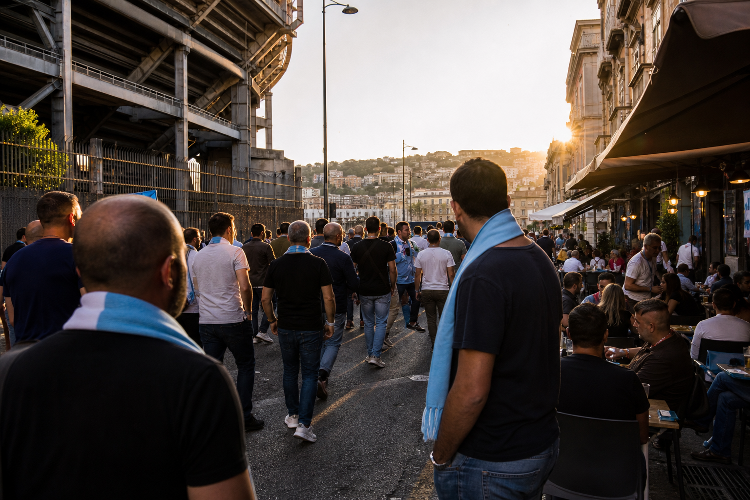 Napoli fans in azure colours gathering near the Maradona stadium