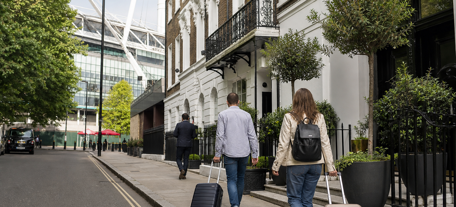 Islington or Holloway street near Emirates with travellers pulling cabin bags