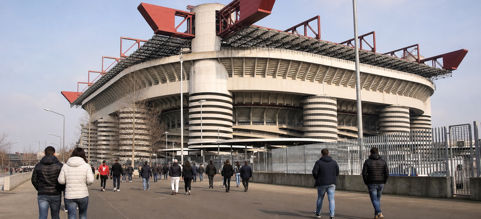 San Siro stadium exterior ahead of an AC Milan Serie A match in Milan