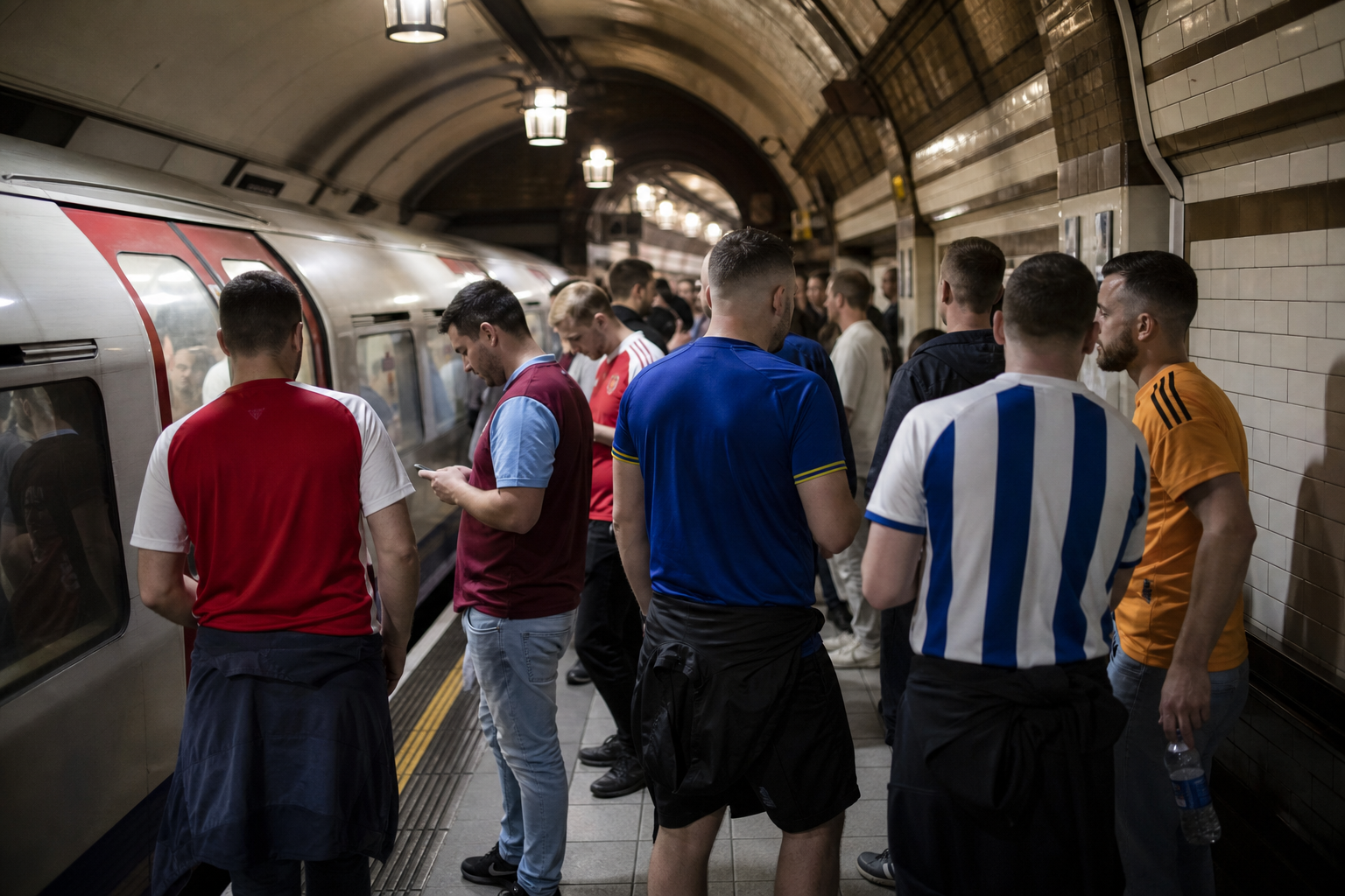 London Underground platform with supporters in club colours heading to a football match