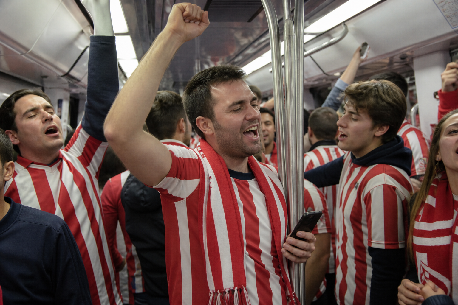 Atlético Madrid fans in red and white near the Metropolitano on match day