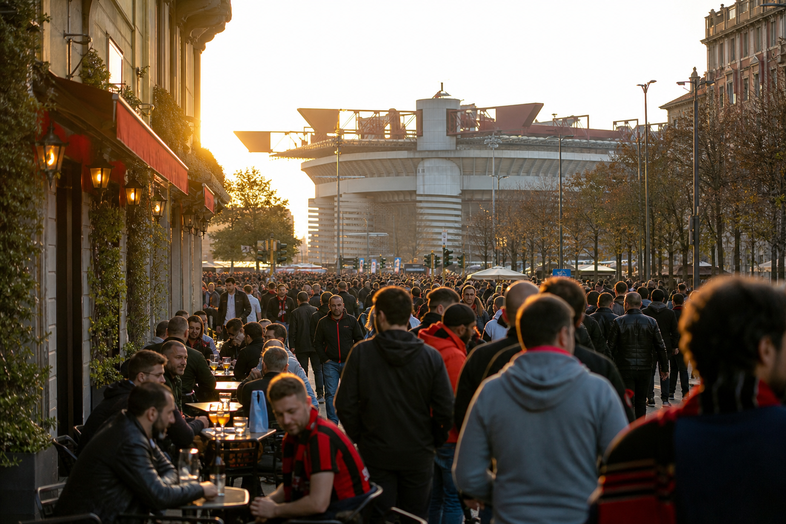 AC Milan fans in rossoneri colours gathering near San Siro on match day