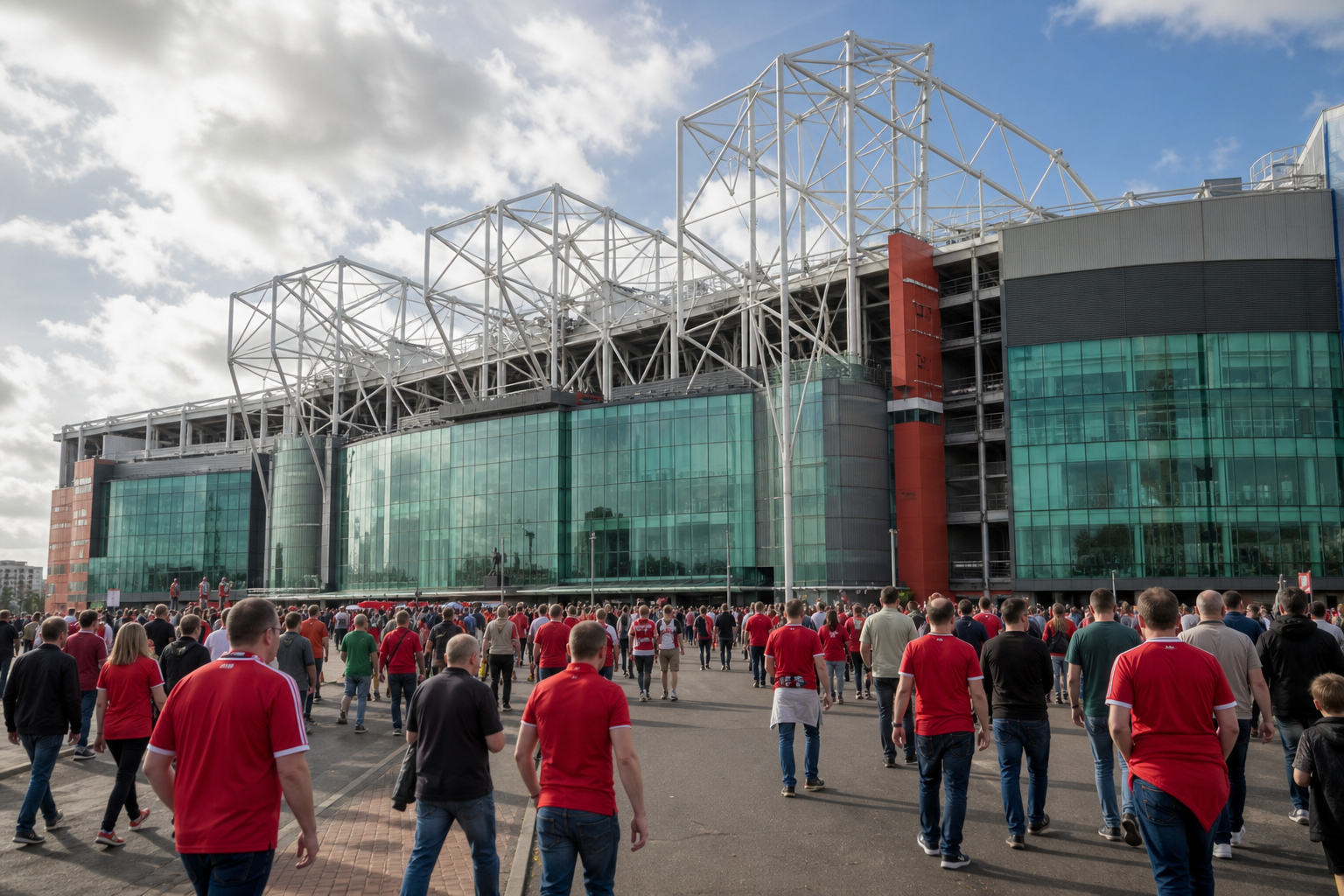 Old Trafford exterior with Manchester United fans arriving on match day