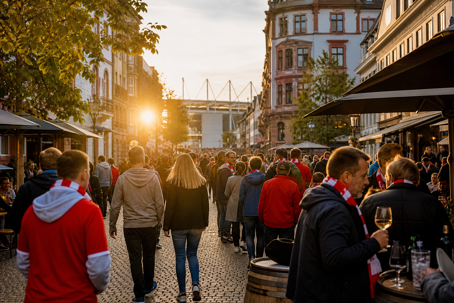 Fans gathering near MEWA Arena for a Mainz 05 home game on the Rhine