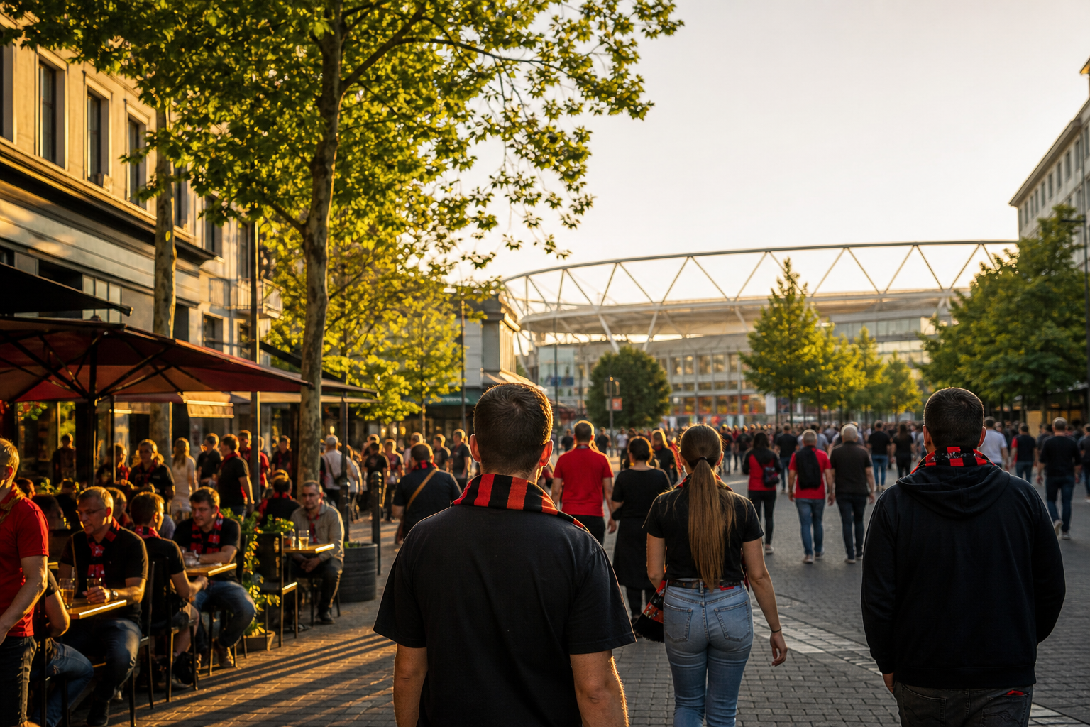 Travelling fans heading to BayArena for a Bundesliga game in Leverkusen