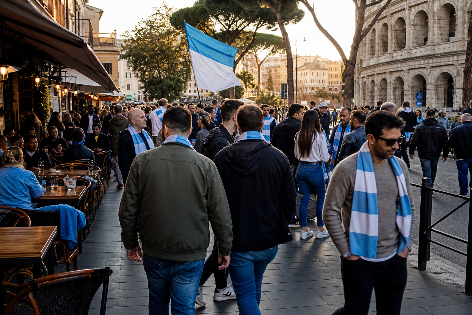 Lazio fans in sky-blue colours approaching Stadio Olimpico on match day