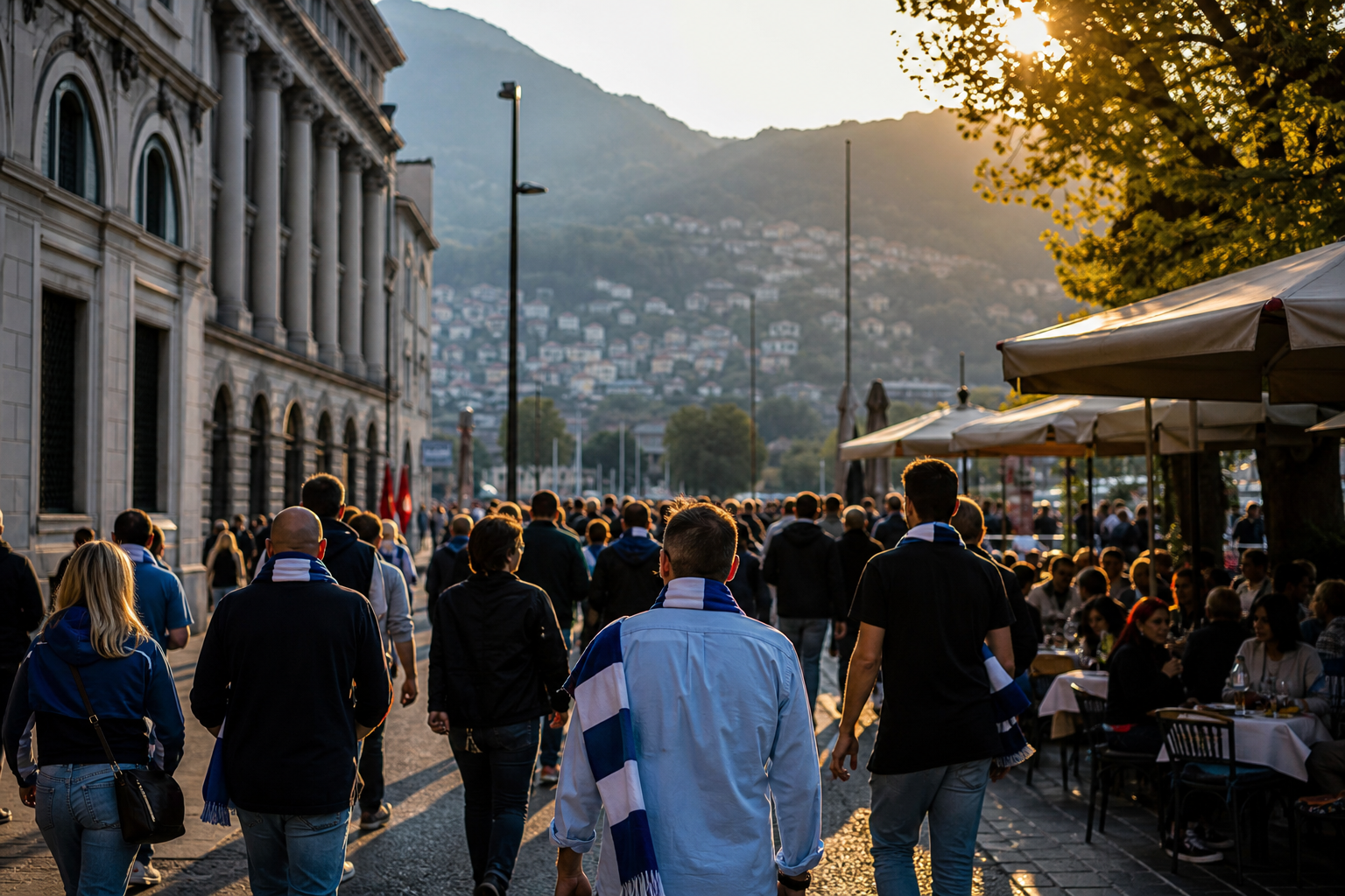 Fans heading to Sinigaglia for a Como 1907 home game on Lake Como