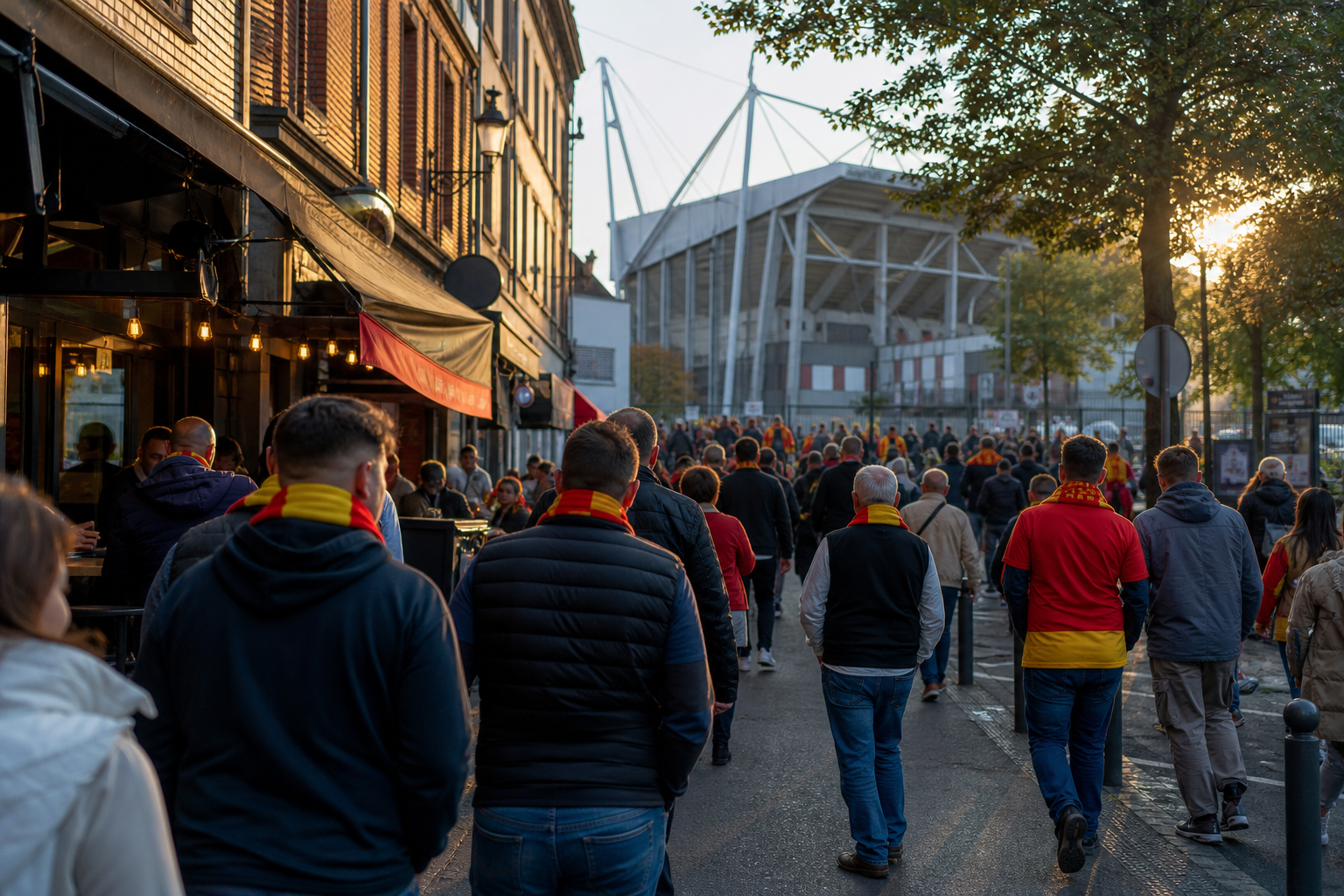 Lens supporters in blood-and-gold colours gathering near Bollaert on match day