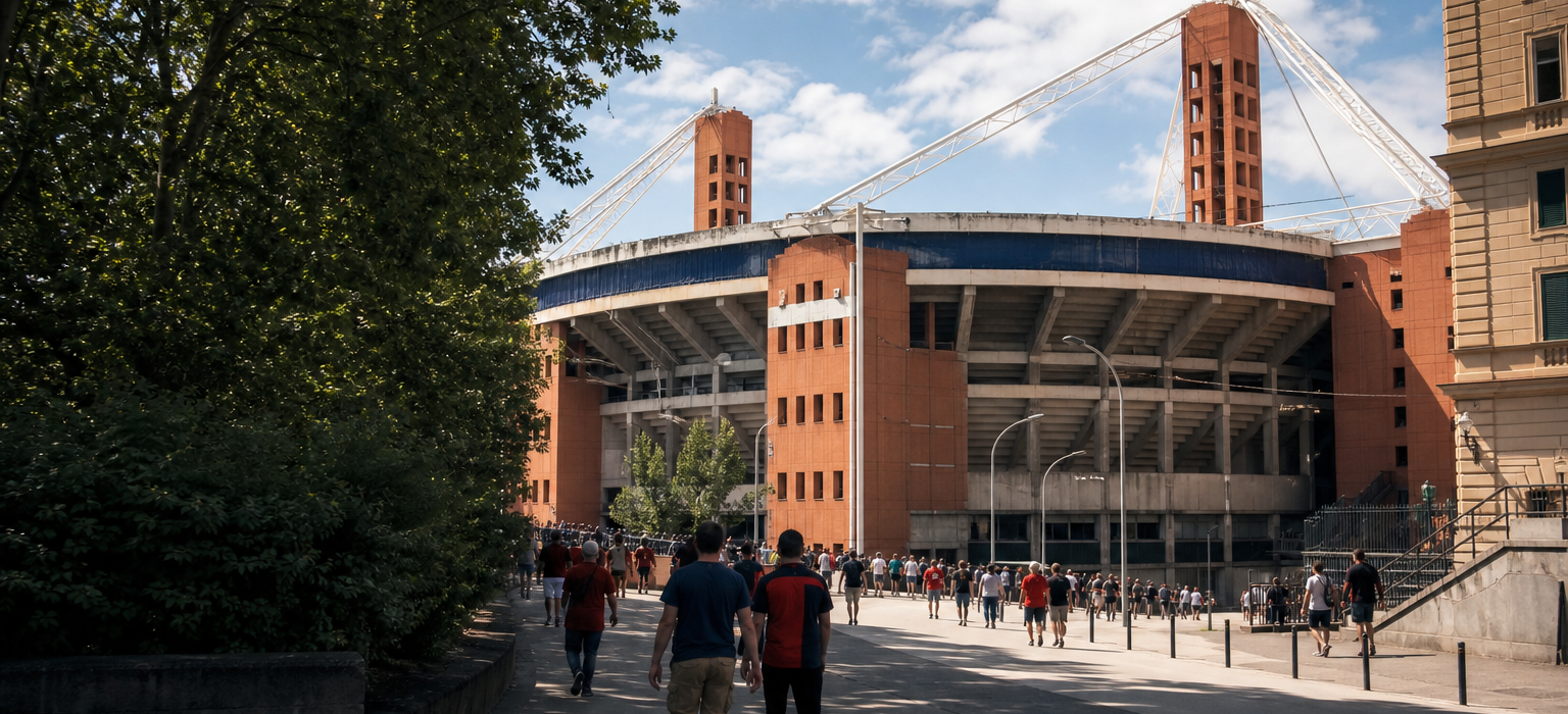 Stadio Luigi Ferraris exterior in Genoa’s Marassi district on match day