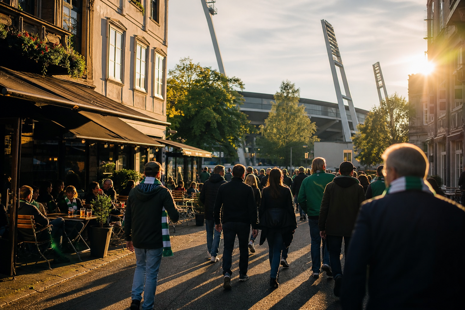 Werder fans in green-white colours gathering near Weserstadion on match day