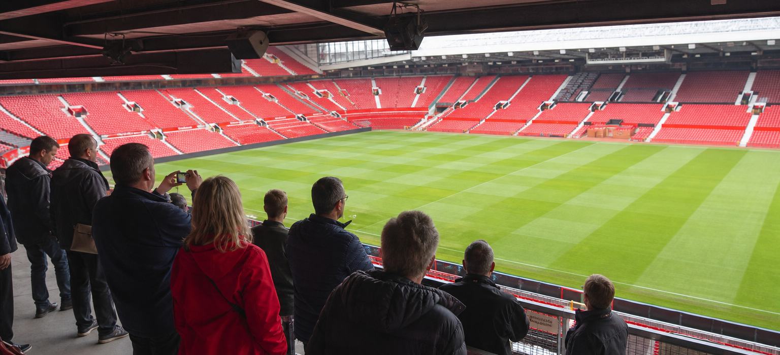 Visitors on an Old Trafford stadium tour looking out over the pitch