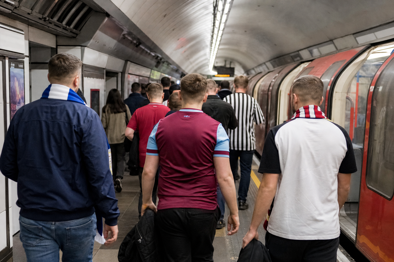 Football fans on a London Underground platform heading to a match