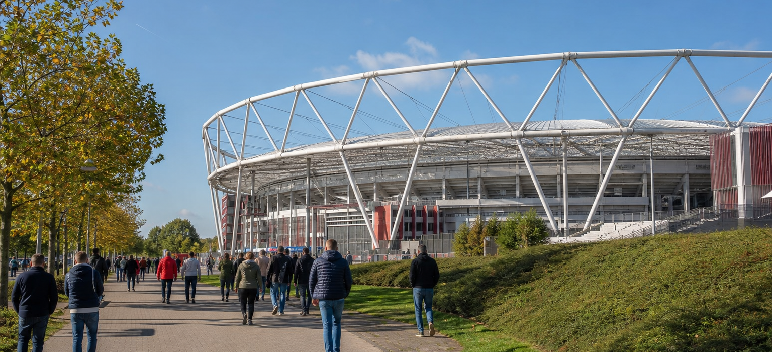 BayArena exterior on Bayer Leverkusen match day in the Rhine region