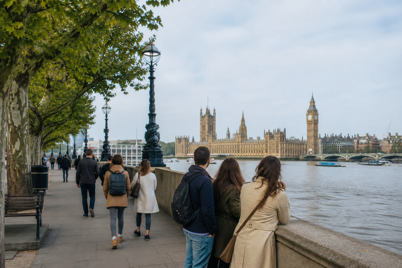 Travellers along the Thames with Westminster and Big Ben across the river