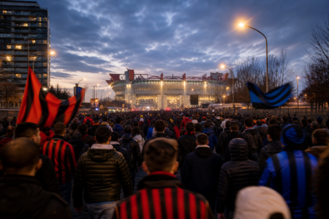 Milan skyline with football crowds heading toward San Siro on derby night