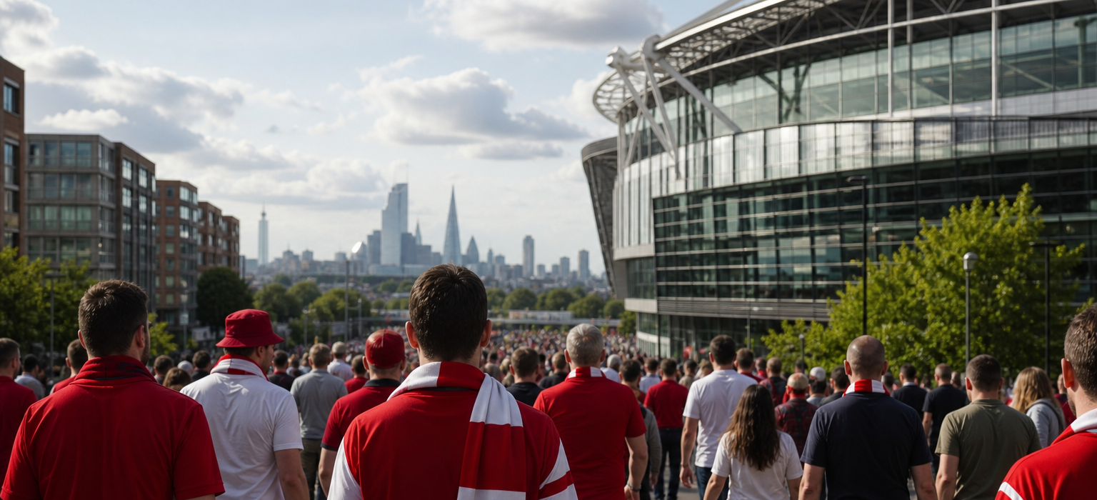 Fans walking toward a Premier League stadium in London on a sunny match-day afternoon