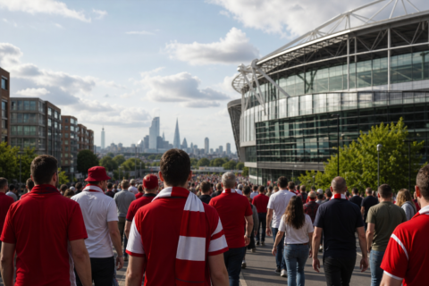 Fans walking toward a Premier League stadium in London on a sunny match-day afternoon